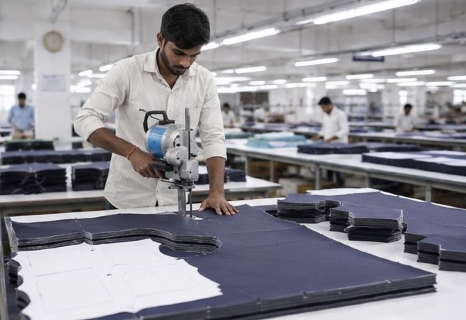 Straight-knife cutting on a spread lay at the Victorious Industries cutting department