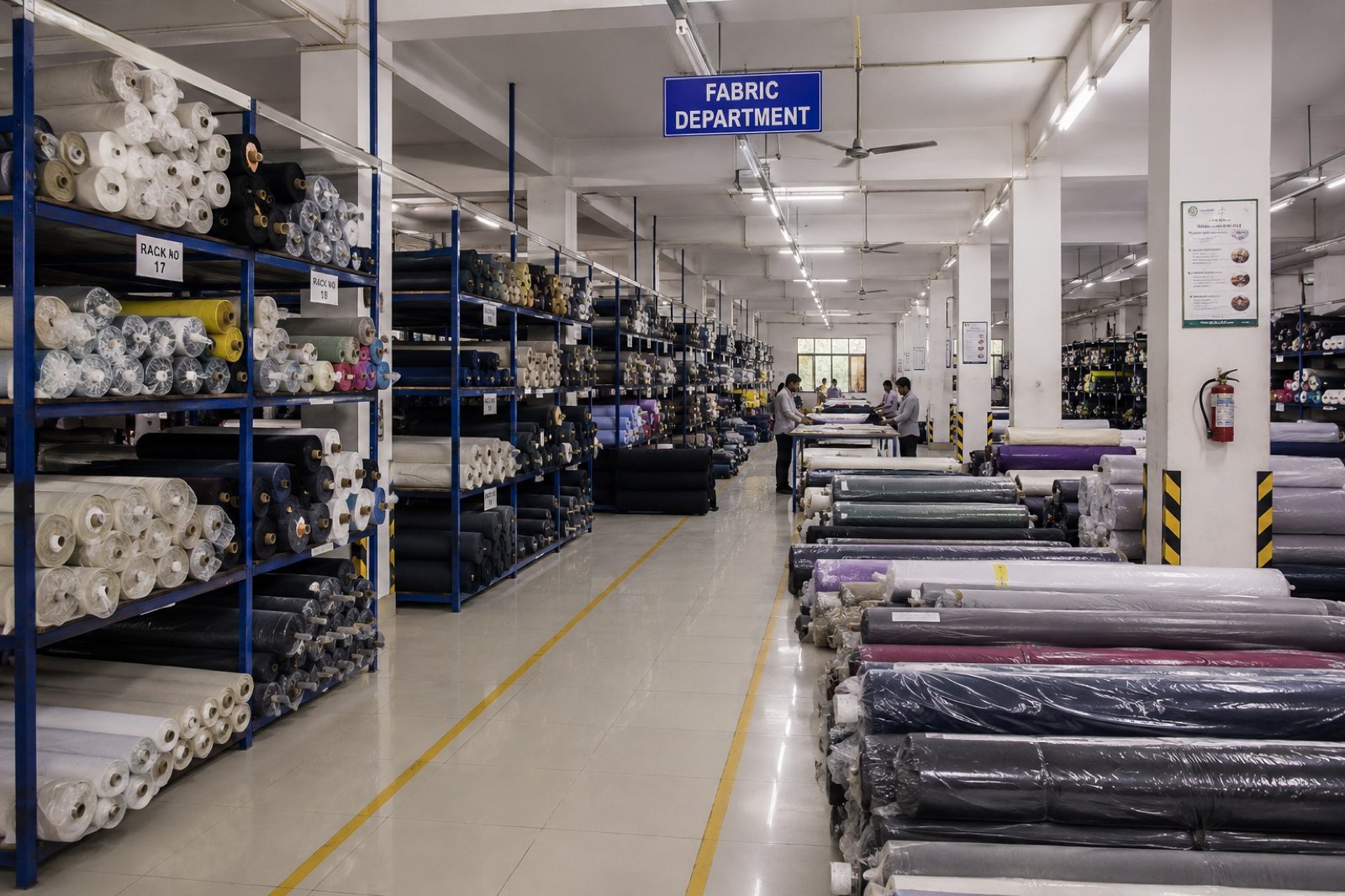 The Victorious Industries fabric department — racks of fabric rolls