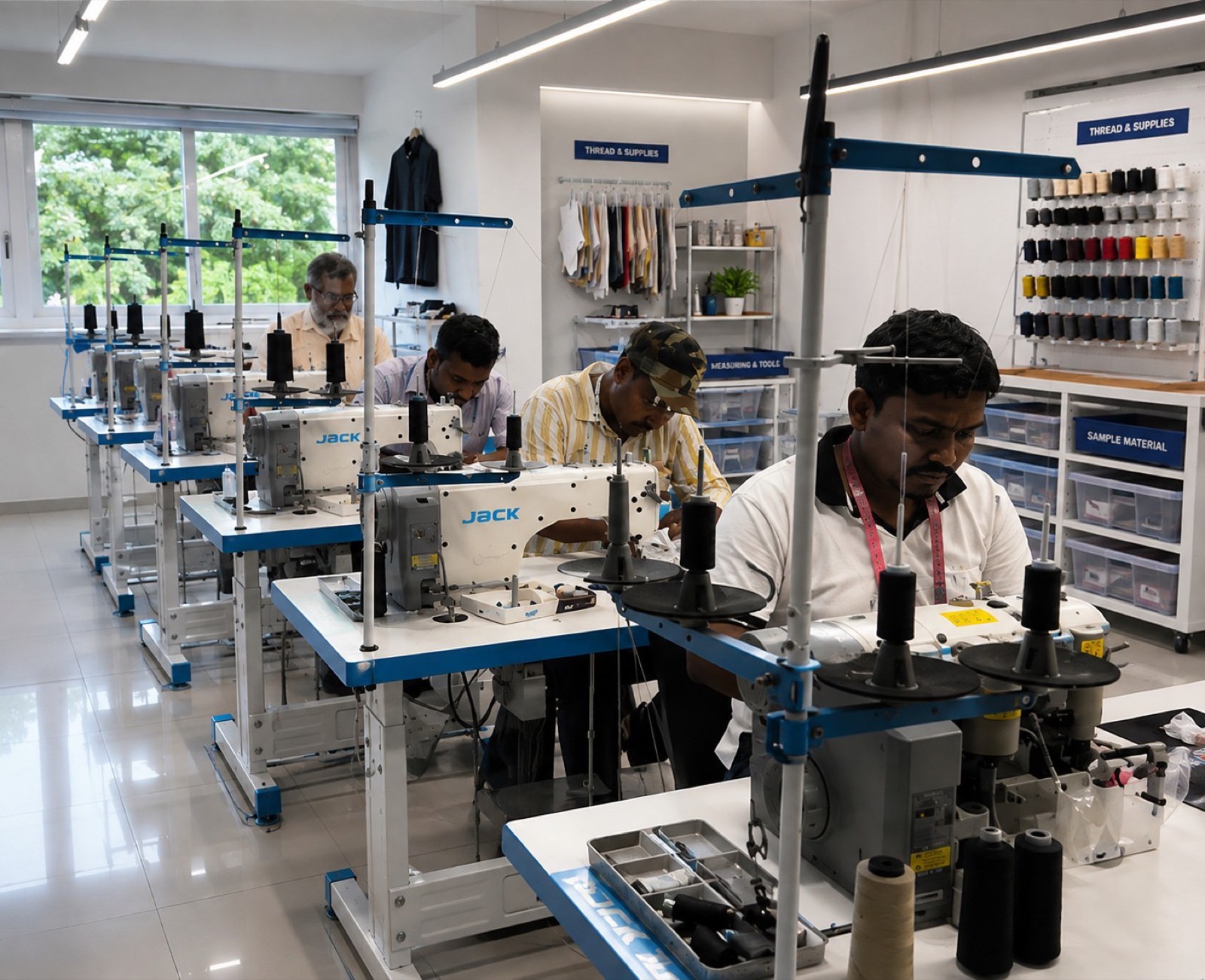 The Victorious Industries sampling room — operators at machines beside the thread and supplies wall