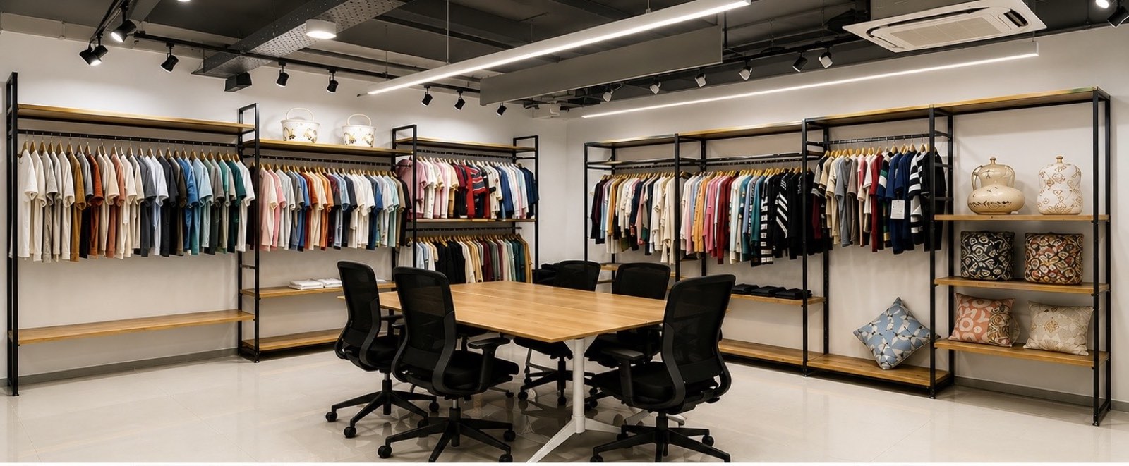 The Victorious Industries showroom — finished garments on display around a meeting table